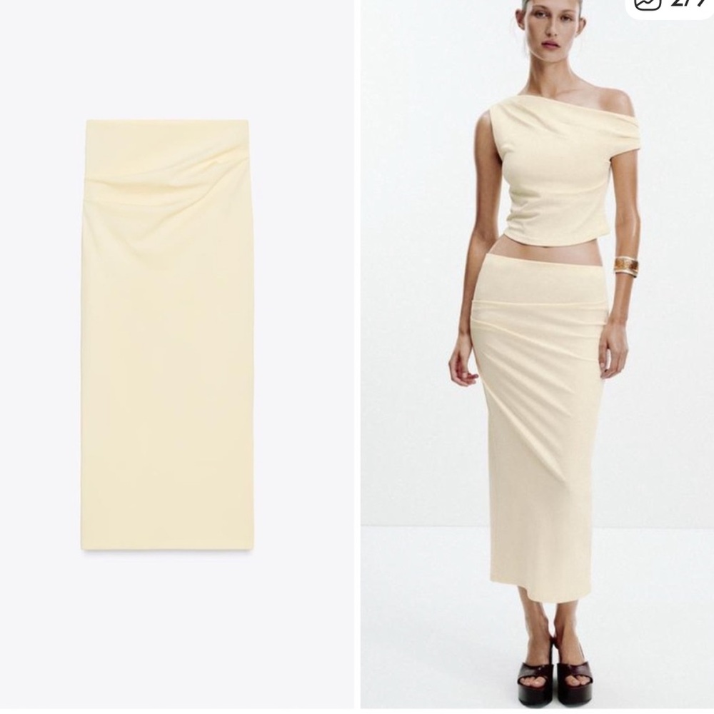 NWT Zara Textured Rushed Light Yellow Midi Skirt